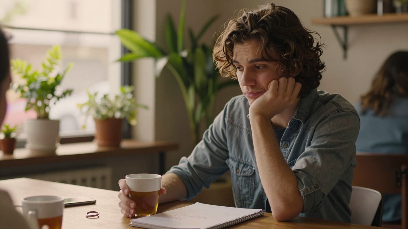 Jovem sentado numa mesa de café, segurando uma chávena de chá e olhando pensativo para um caderno aberto.