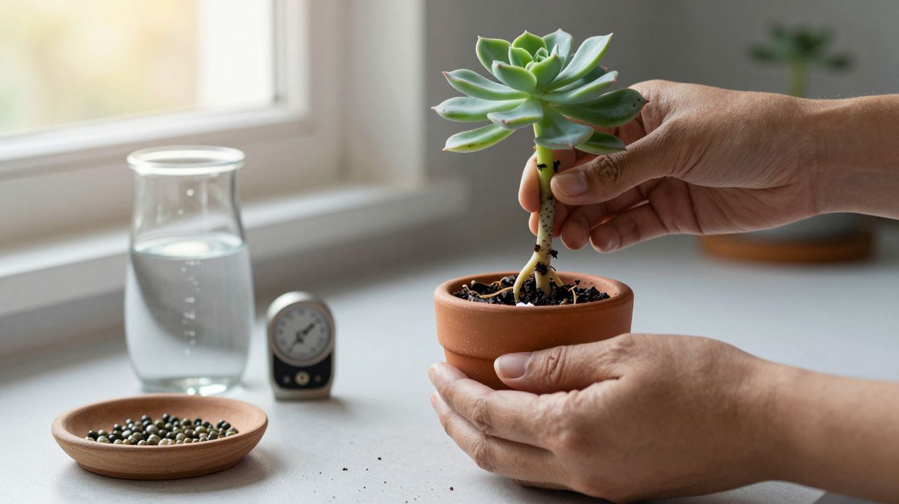 Mãos segurando vaso de suculenta em ambiente com luz natural, ao lado de um copo de água e termómetro.