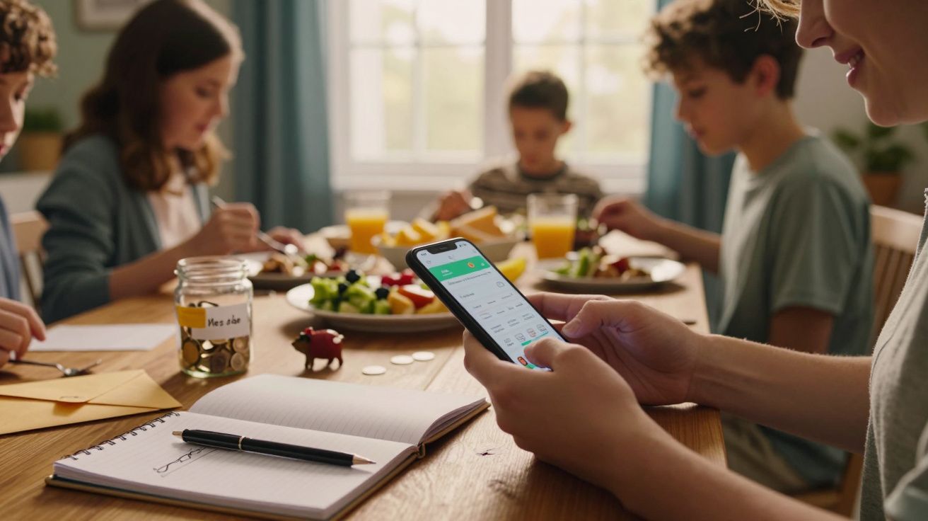 Família à mesa, pessoa usando smartphone enquanto as crianças comem; caderno e jarro de moedas à frente.