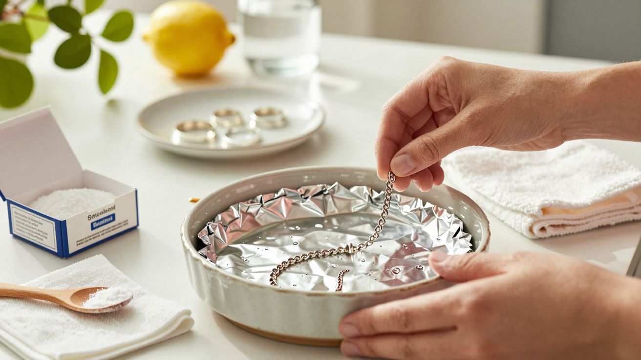 Mãos limpando corrente de prata numa tigela com folha de alumínio, bicarbonato e água, num ambiente de cozinha.