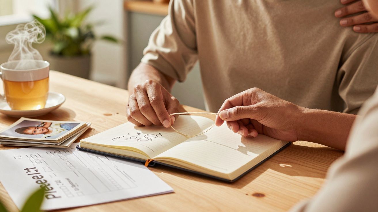 Mãos folheiam caderno com desenhos, chá ao lado e papéis com fotografia sobre mesa de madeira.