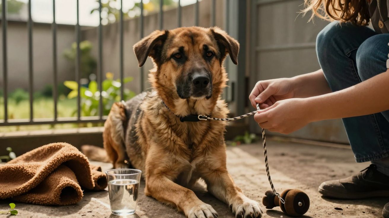 Cão deitado no chão com uma pessoa a segurá-lo pela trela. Há uma manta e um copo de água ao lado.