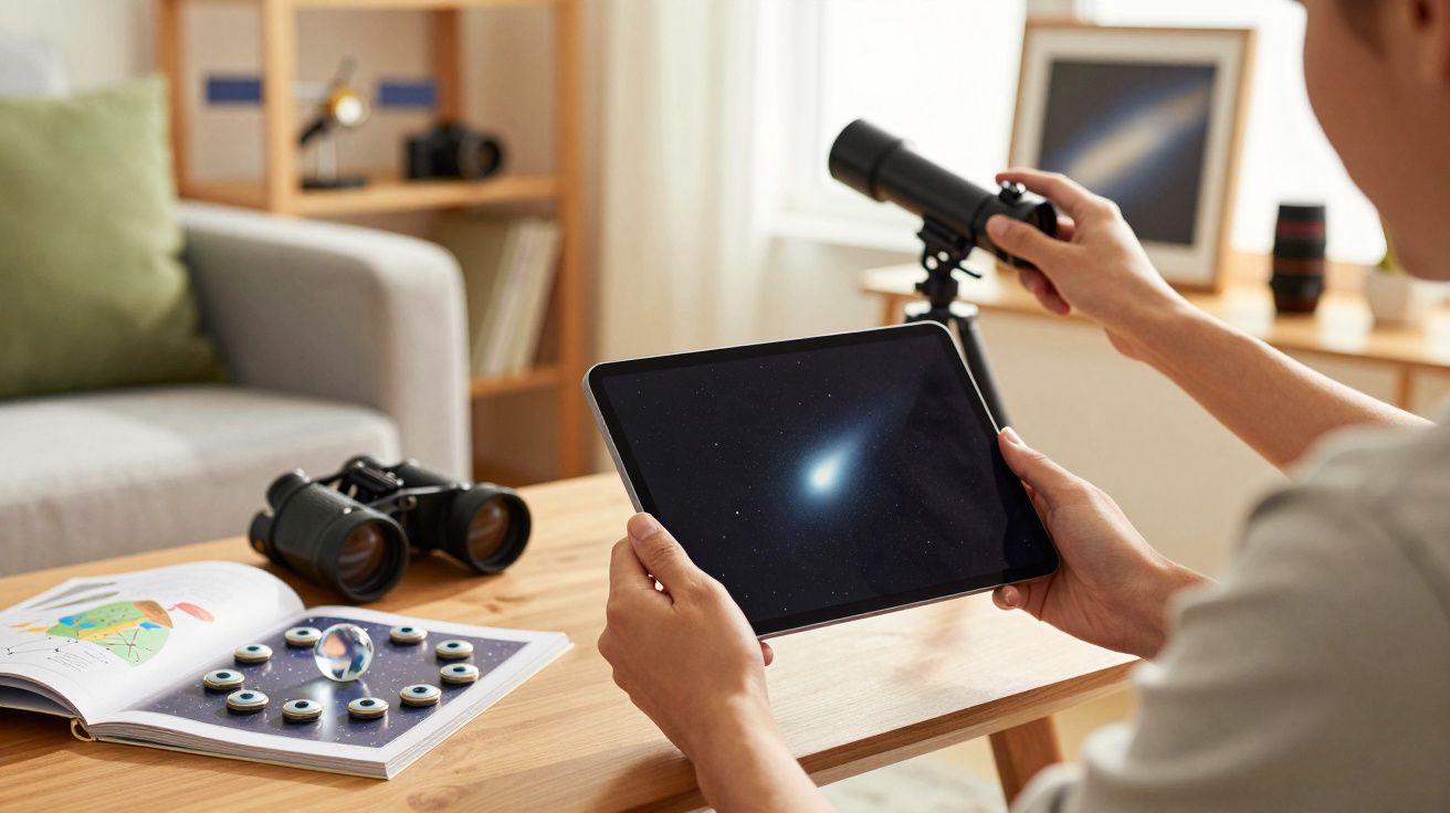 Pessoa segurando um tablet com imagem espacial, ao lado de binóculos e livro sobre astronomia numa mesa.