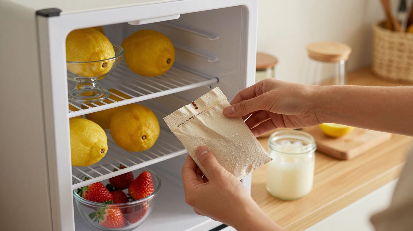 Mãos segurando saco de humidade num frigorífico com limões e taça de morangos. Iogurte e recipiente de madeira ao lado.