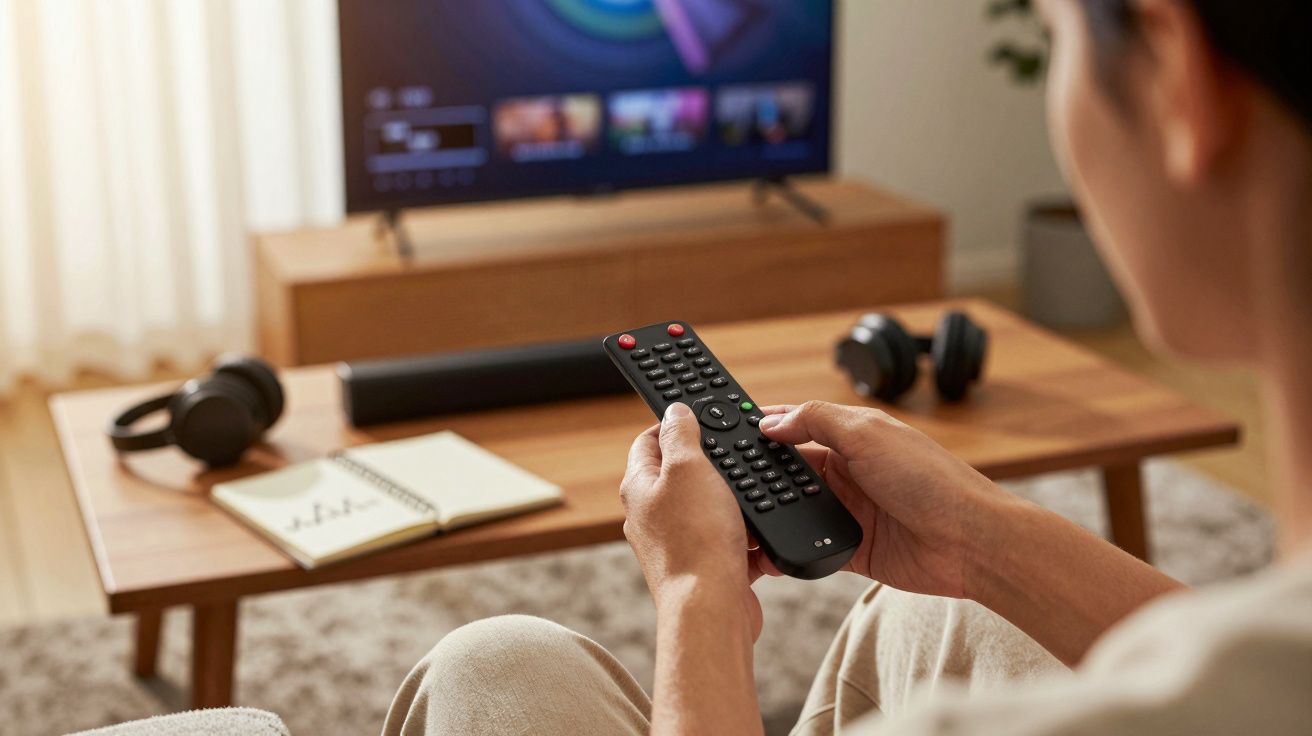 Pessoa segurando comando remoto sentado em frente a uma televisão ligada. Mesa com caderno e auscultadores ao fundo.