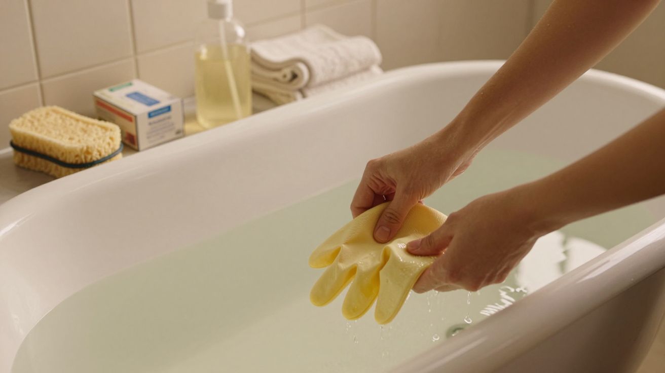 Mãos seguram luvas de borracha sobre banheira cheia de água, com esponja e toalhas ao fundo.