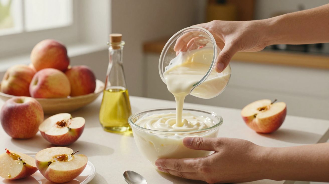 Mãos a verter iogurte num recipiente, com maçãs e garrafa de azeite em fundo numa cozinha.
