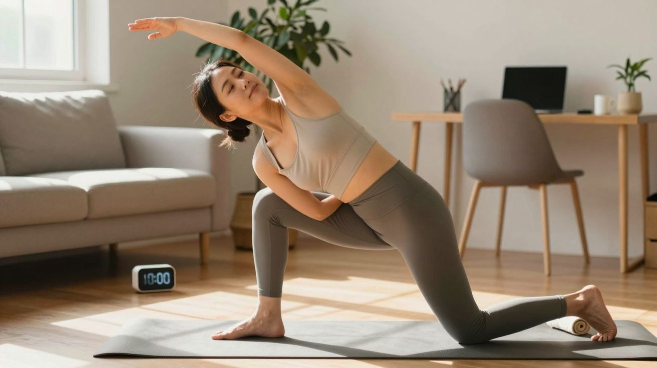 Mulher praticando ioga em casa, esticando-se num tapete de ioga, com móveis e luz natural ao fundo.