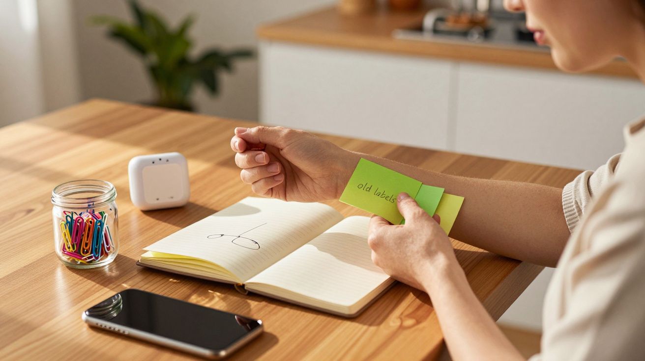 Pessoa segura notas verdes, com caderno aberto e telemóvel sobre a mesa. Pote com clipes de papel à esquerda.