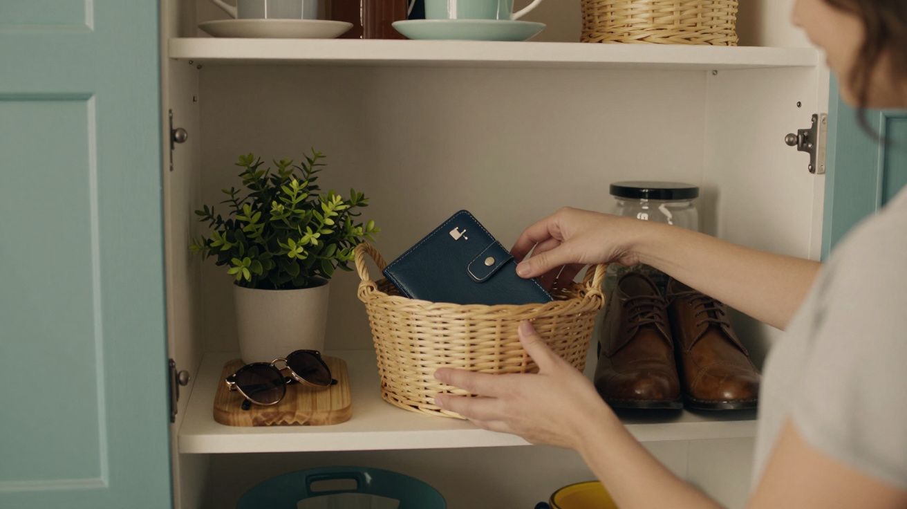 Pessoa guarda uma carteira azul num cesto numa prateleira com plantas, óculos de sol e sapatos.