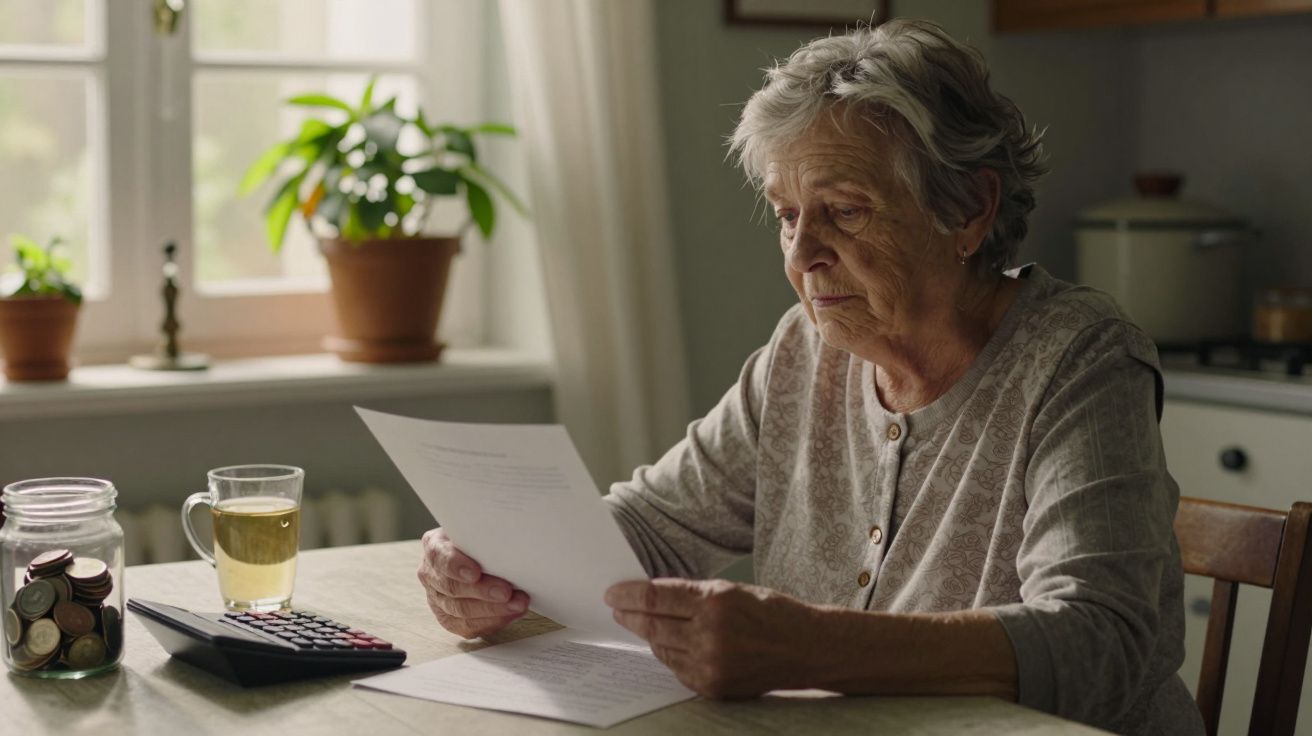Mulher idosa lê documento na cozinha, com expressão séria. Calculadora, chá e frasco de moedas à mesa.