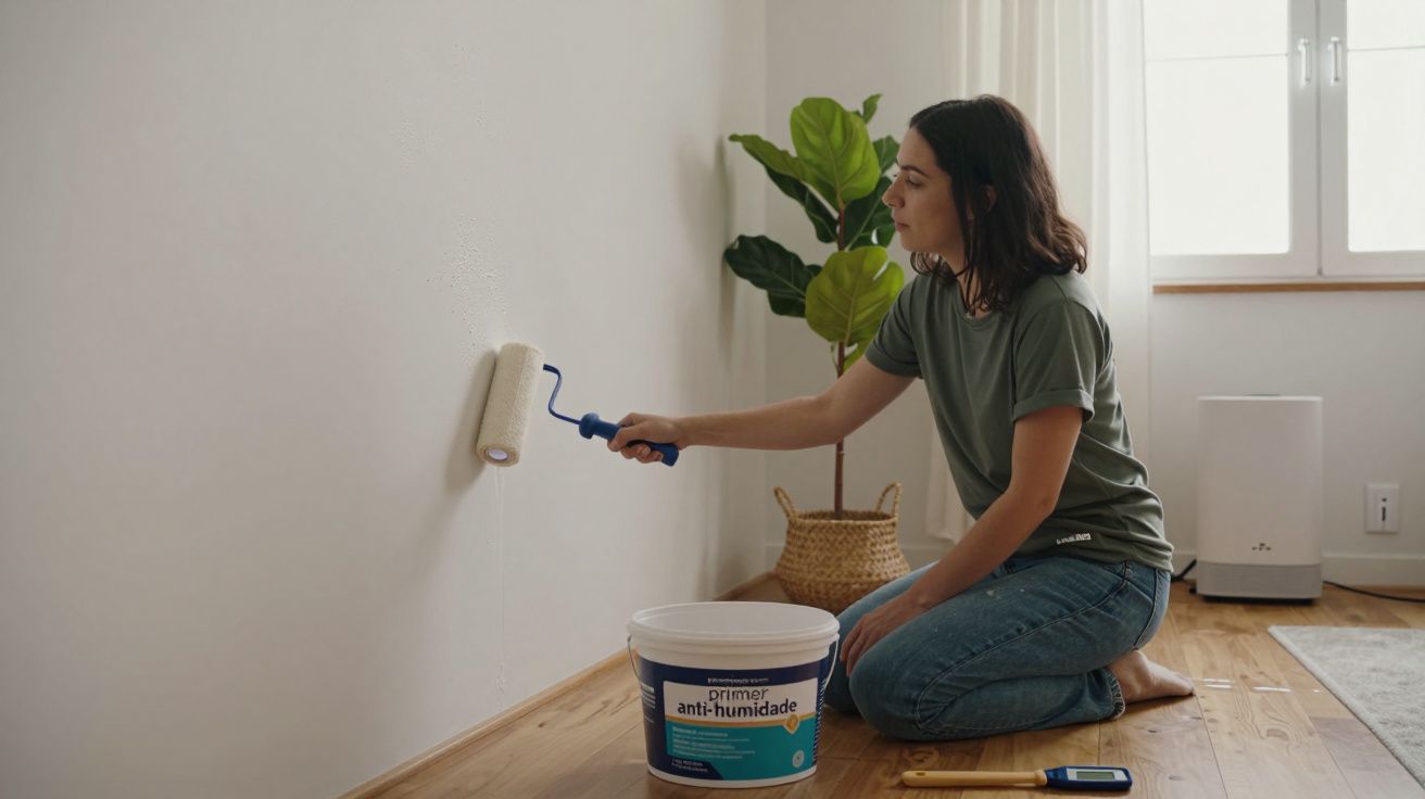 Mulher a pintar parede branca com rolo, joelhada, com balde de primer anti-humidade ao lado.