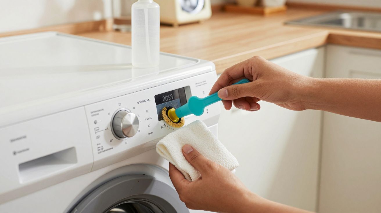 Pessoa a limpar painel de uma máquina de lavar roupa com escova azul e pano branco.