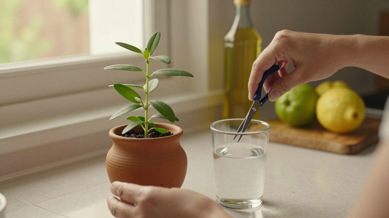 Mão segurando tesoura mergulhada em copo de água ao lado de planta em vaso, com limões ao fundo na cozinha.