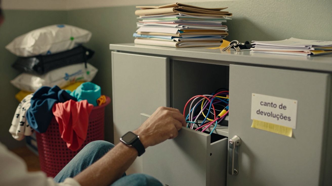 Homem abre armário cinza com etiqueta "canto de devoluções"; fios coloridos e pilhas de documentos visíveis.