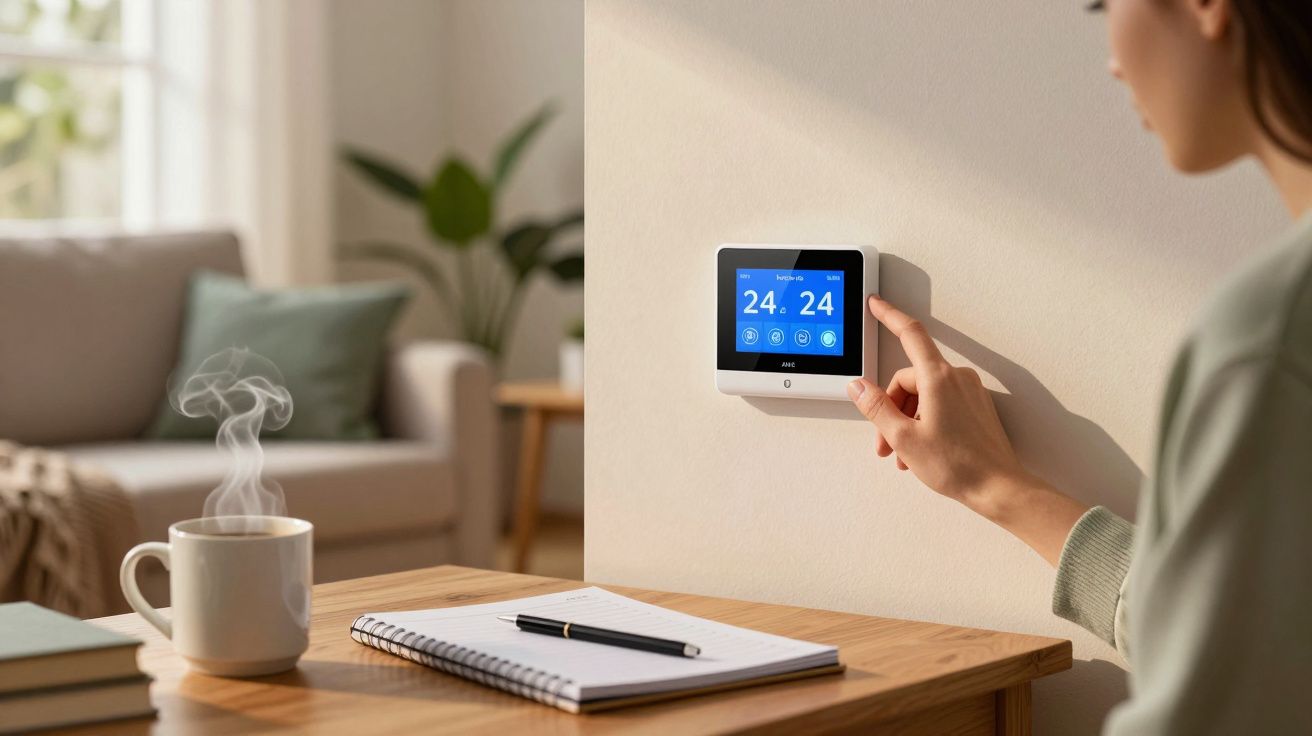 Mulher ajusta termostato digital num ambiente doméstico com caderno e chá sobre a mesa.