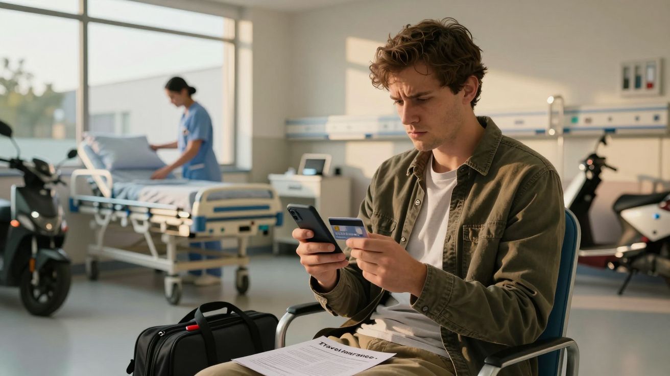 Homem sentado numa sala de hospital, segurando um telemóvel e um cartão. Enfermeira ao fundo junto a uma cama.