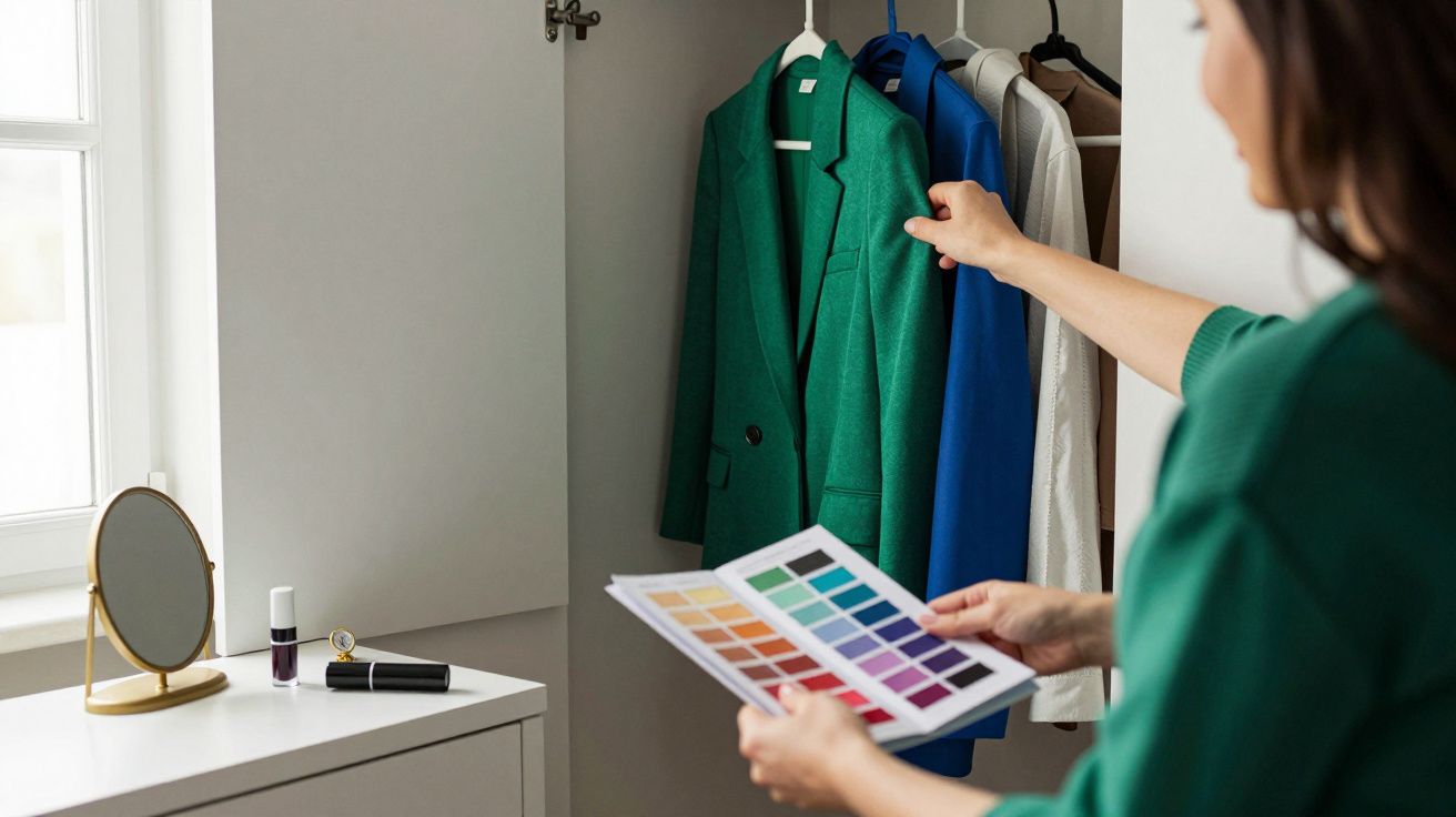 Mulher segurando paleta de cores, escolhendo casaco verde num armário, junto a uma janela e mesa com espelho.