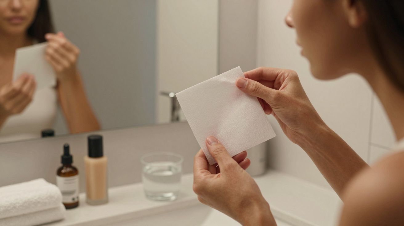 Mulher segura lenço de papel na casa de banho, com produtos de beleza e toalha ao fundo.