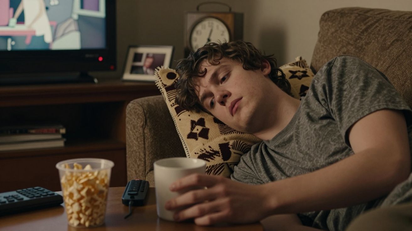 Rapaz deitado no sofá, segurando uma caneca. Ao lado, um recipiente com snacks e um comando. Televisão ao fundo.