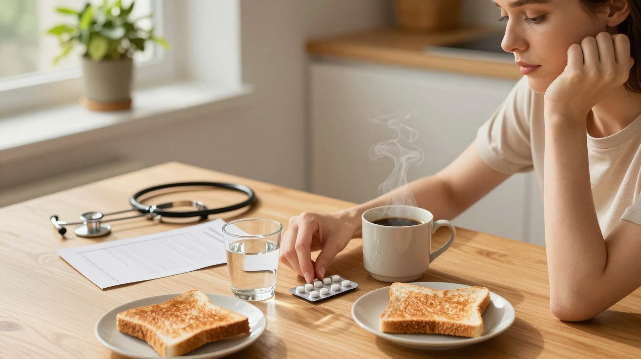 Mulher à mesa com torradas, água, comprimidos, café e estetoscópio.