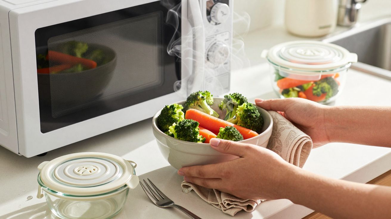 Pessoa segura uma tigela de legumes cozidos a vapor ao lado de um micro-ondas, com tigelas cobertas atrás.