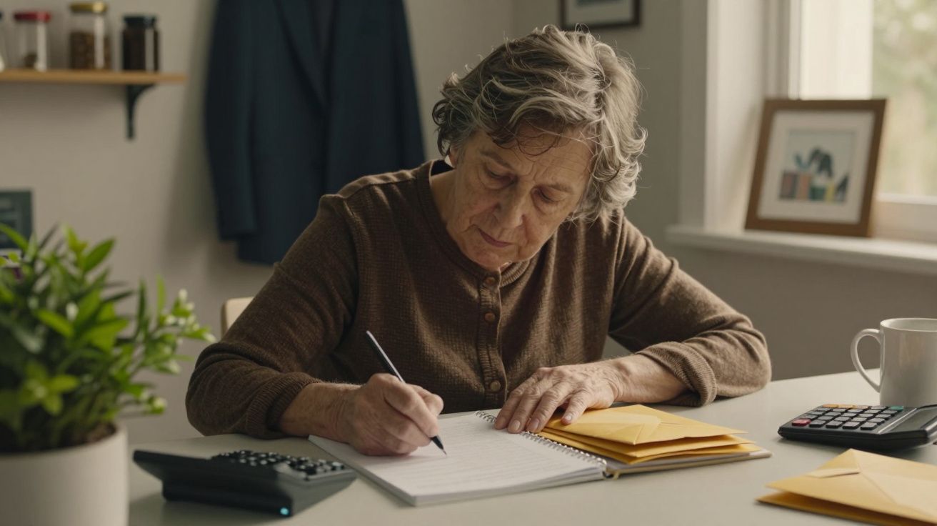 Idosa escreve em caderno numa secretária com envelopes, planta, chávena e calculadora ao redor.