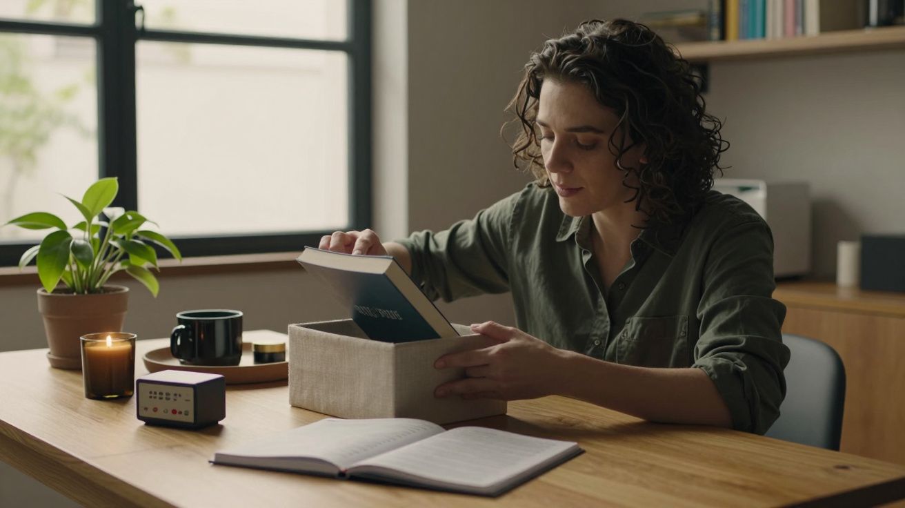 Pessoa sentada à mesa, tirando um livro de uma caixa, com caderno, planta e vela ao redor.