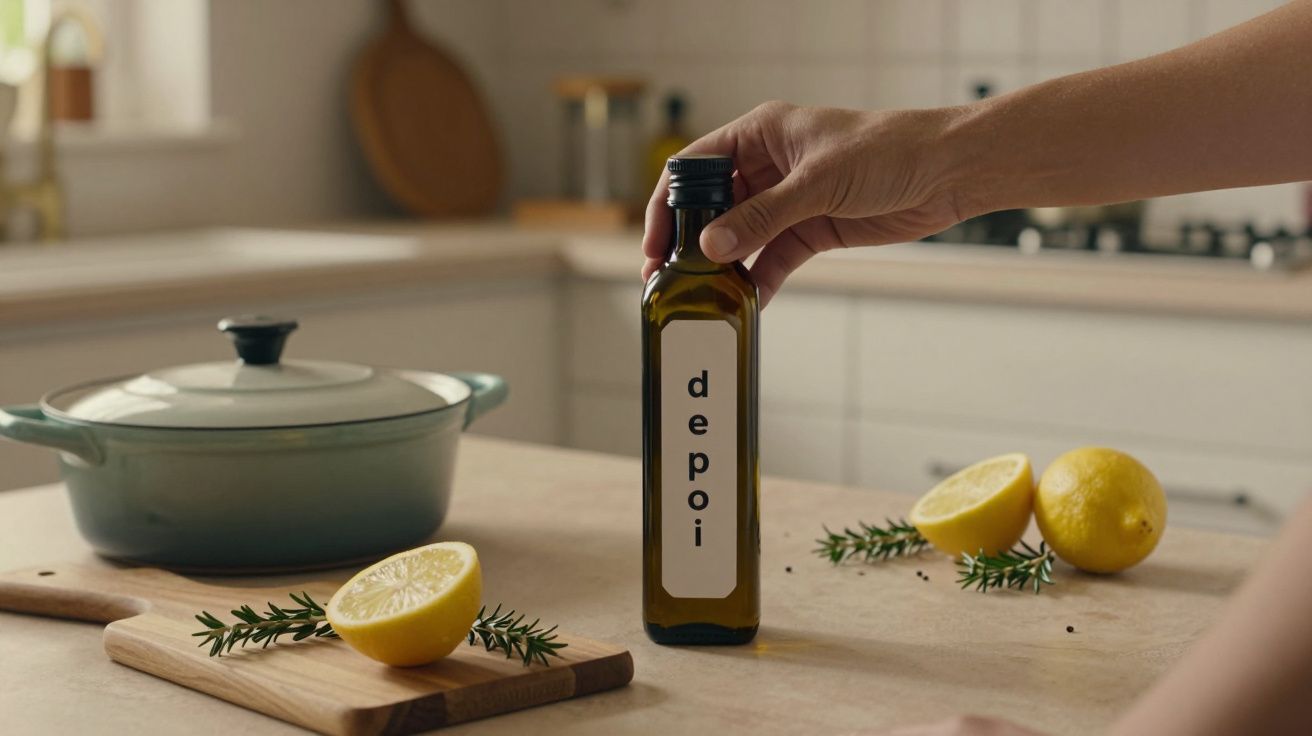 Mão segurando garrafa de azeite com rótulo "depoi" em cozinha, limão e alecrim sobre tábua ao lado de panela verde.