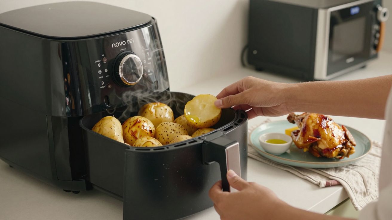 Pessoa removendo batatas de uma fritadeira de ar quente, com prato de frango ao lado.