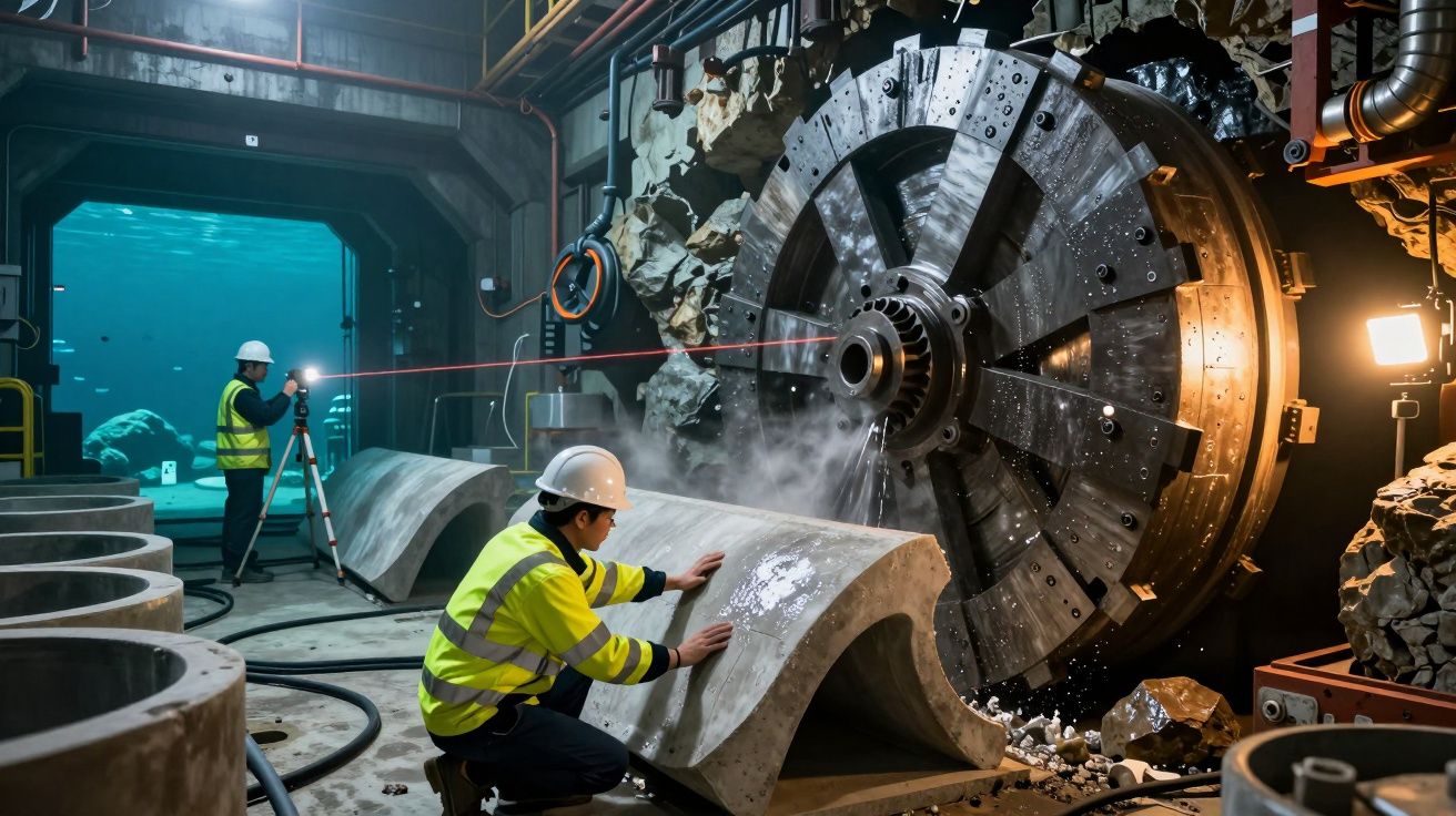 Trabalhadores com coletes e capacetes operam maquinaria pesada em túnel subterrâneo iluminado por luzes artificiais.