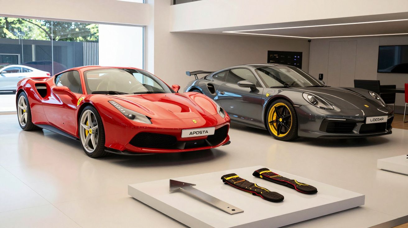 Dois carros desportivos, um vermelho e outro cinza, expostos em showroom com luz natural.