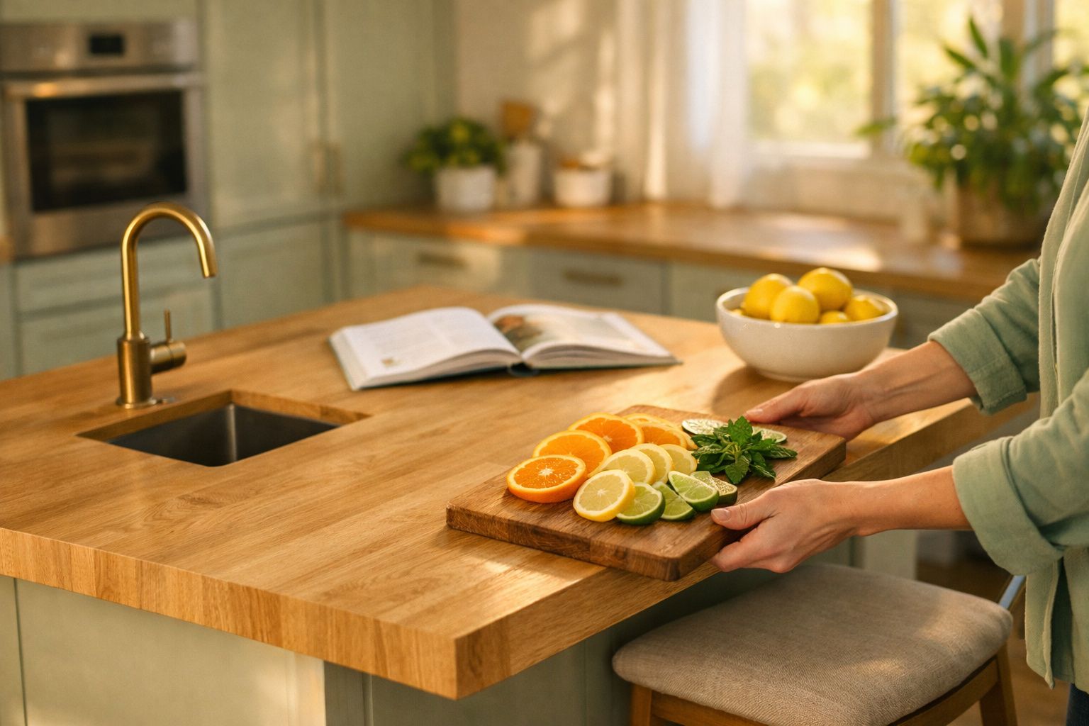 Mulher sorridente a amassar massa na cozinha iluminada pelo sol.