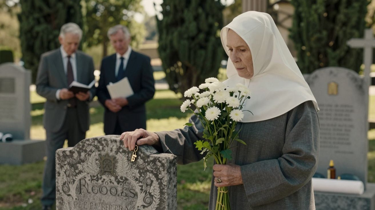 Freira segura flores brancas junto a túmulo em cemitério, enquanto dois homens ao fundo leem documentos.
