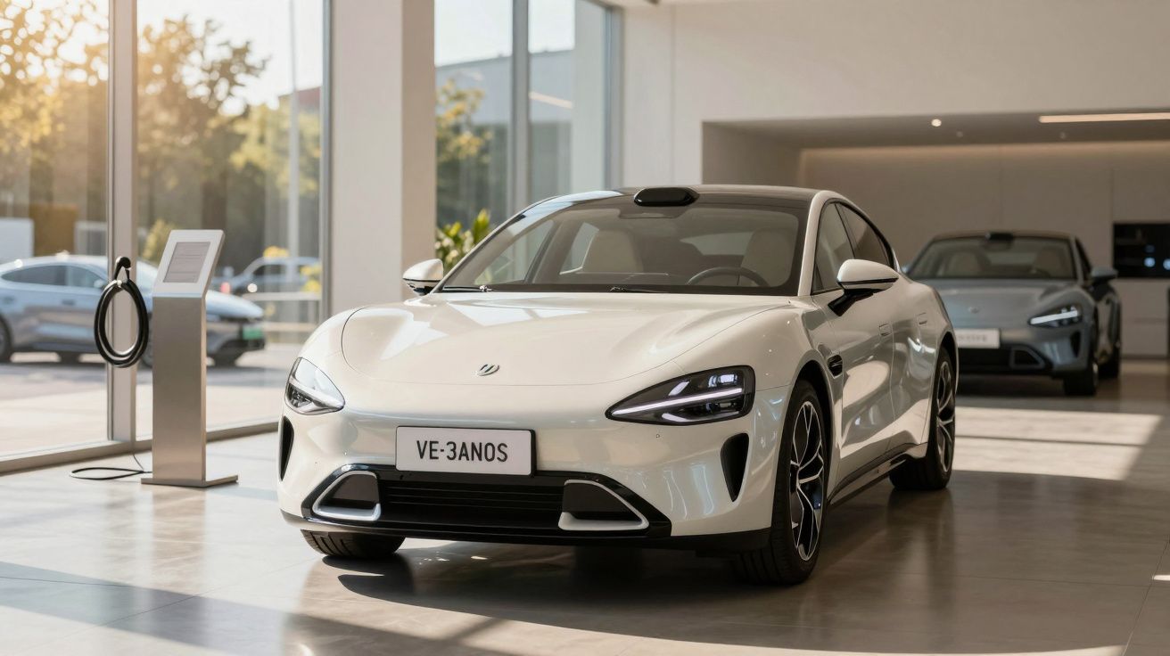 Carro elétrico branco em exposição num showroom moderno, com janela grande e carregador de veículos ao fundo.