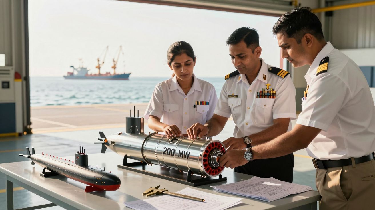 Três oficiais navais analisam modelos de submarinos e maquinário num ambiente portuário, com um navio ao fundo.