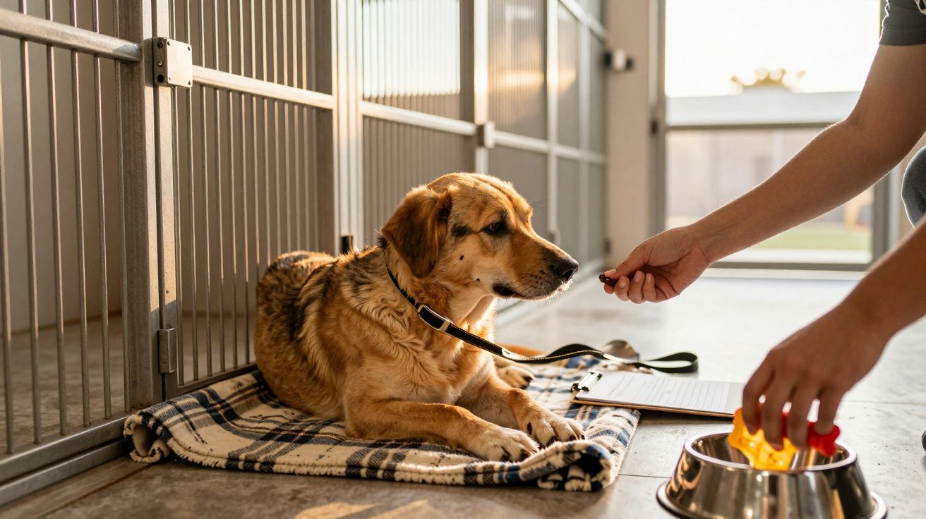 Cão deitado num cobertor numa gaiola, recebendo comida da mão de uma pessoa.