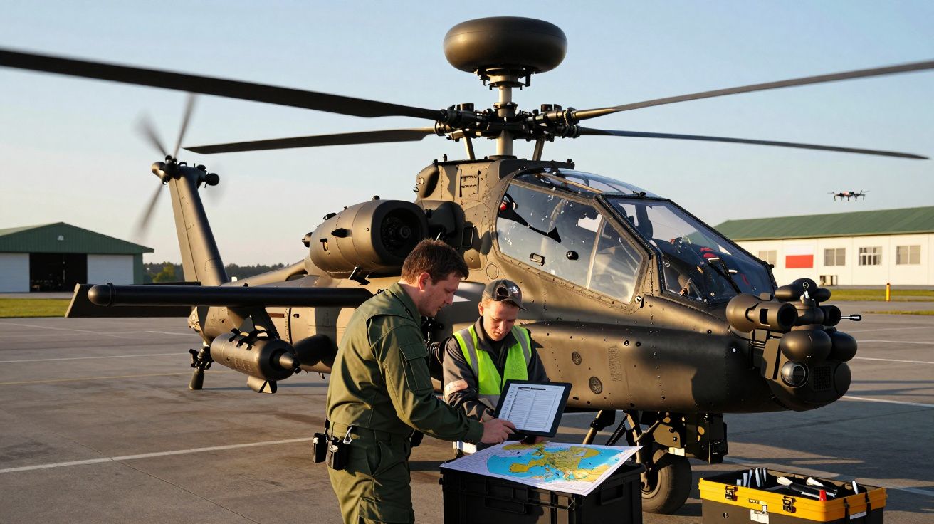 Dois homens planeiam rota em mapa junto a helicóptero militar Apache estacionado em base aérea.