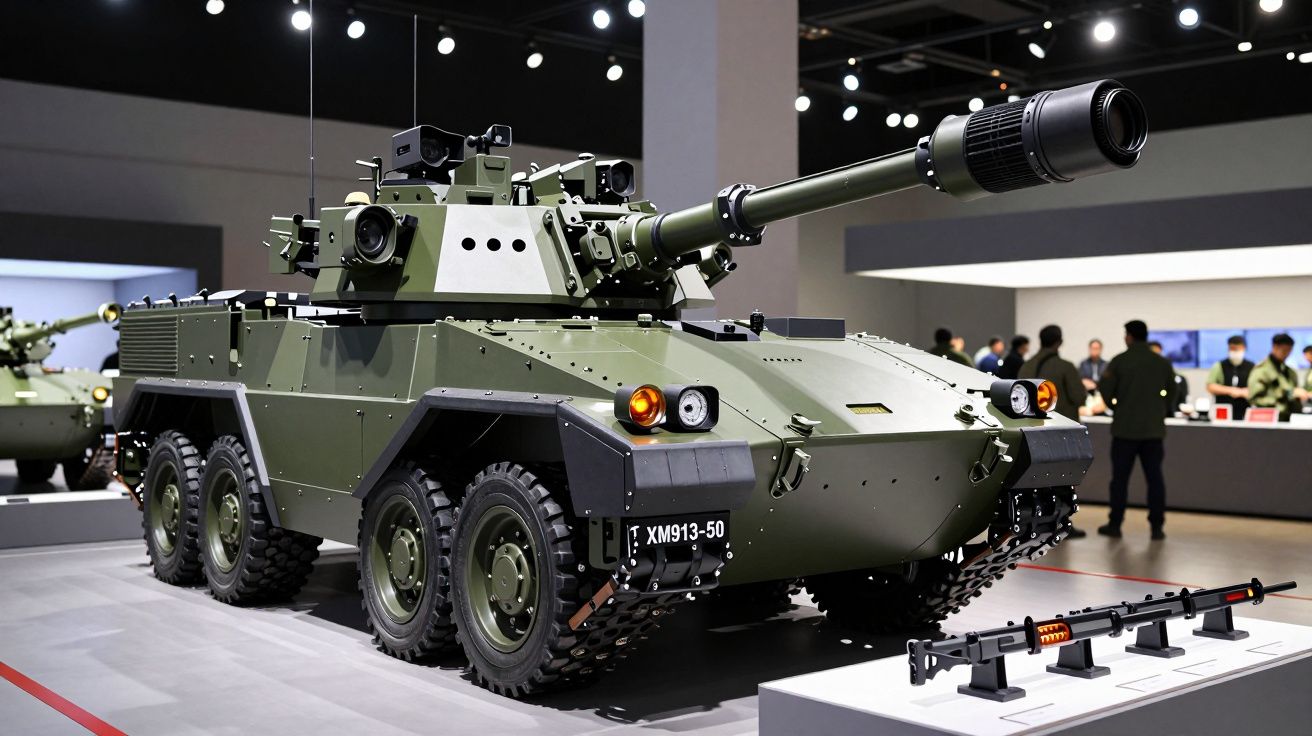 Veículo blindado militar verde em exibição, com grande canhão, em ambiente de exposição com pessoas ao fundo.