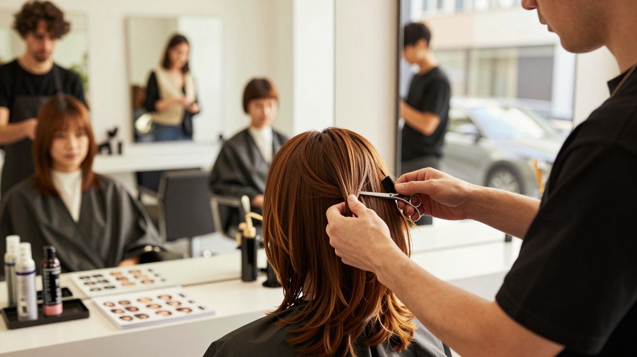 Cabeleireiro corta cabelo de mulher num salão, espelho e produtos ao fundo.
