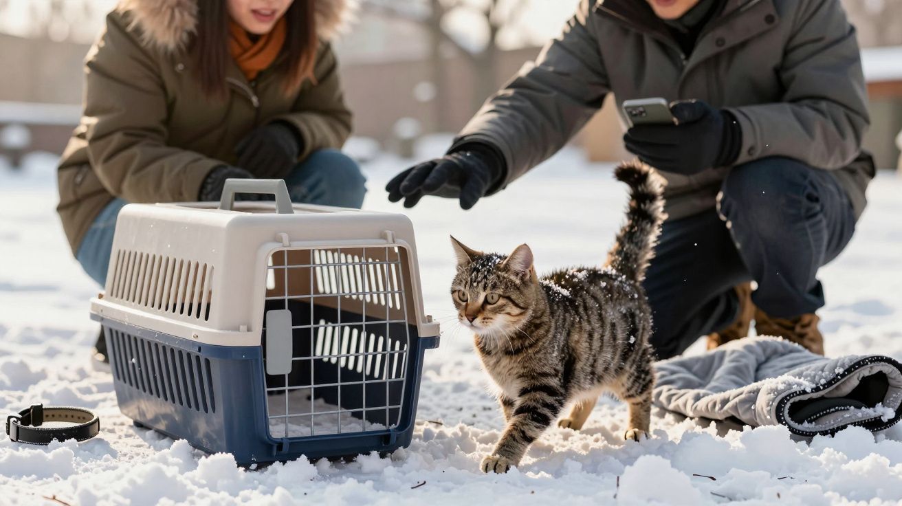 Pessoas na neve com um gato a sair de uma transportadora, observando-o atentamente.