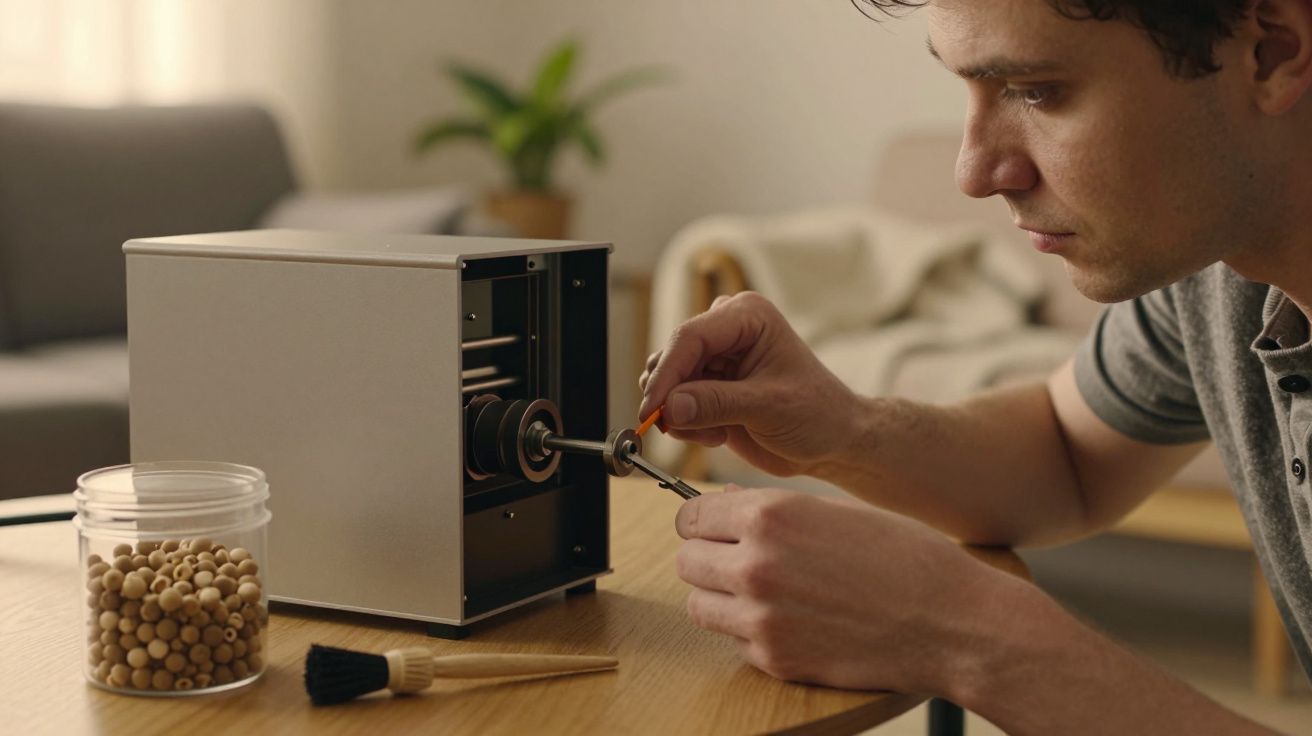 Homem conserta equipamento mecânico em casa, com uma chave de fendas na mão e um recipiente de peças ao lado.