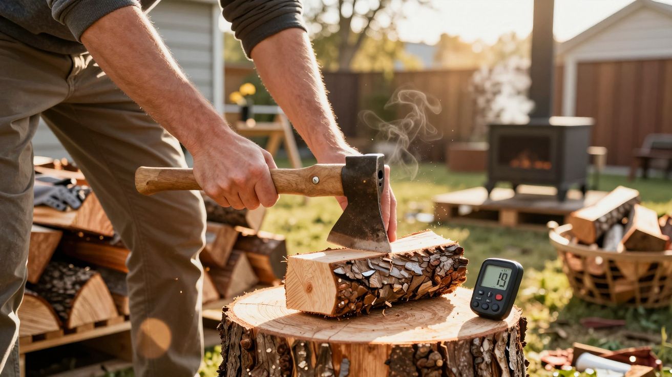 Homem a rachar lenha ao ar livre com um machado; termómetro digital ao lado, fogão ao fundo.