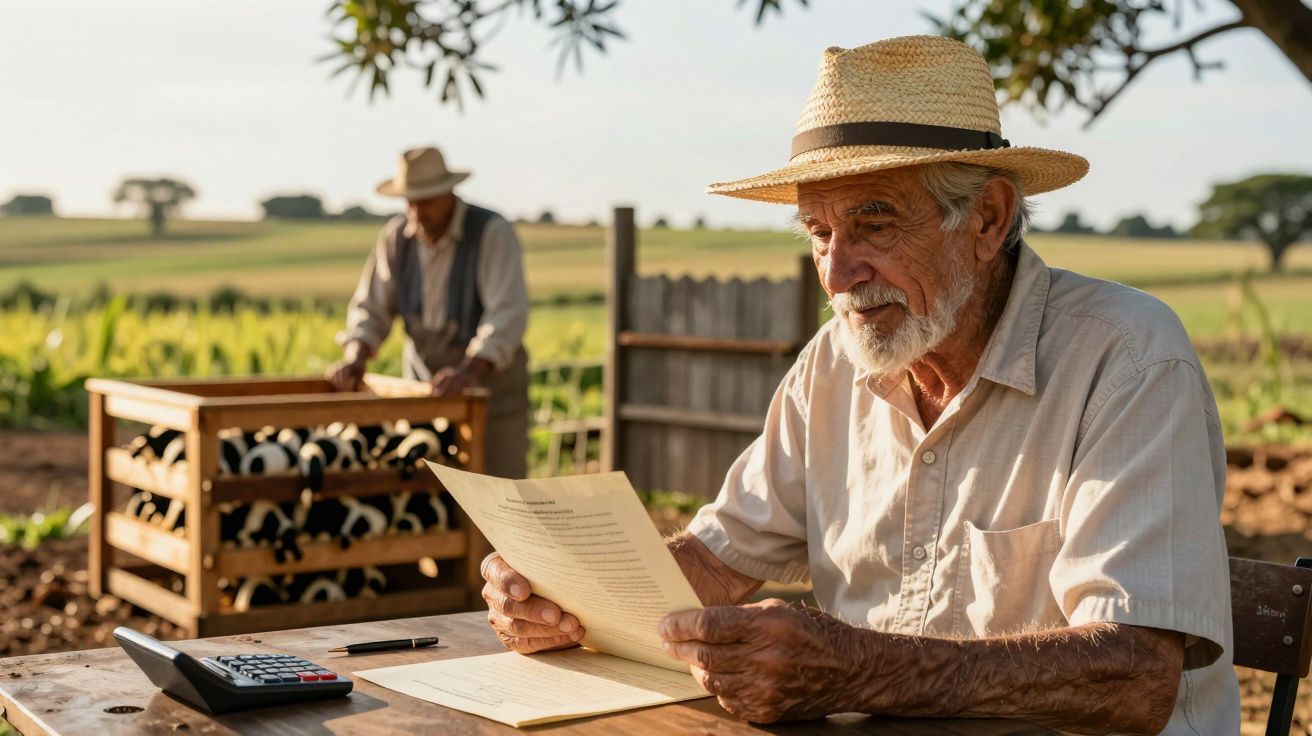 Homem idoso com chapéu de palha lê documento junto a uma calculadora; outro homem ao fundo com ovelhas em gavetas.