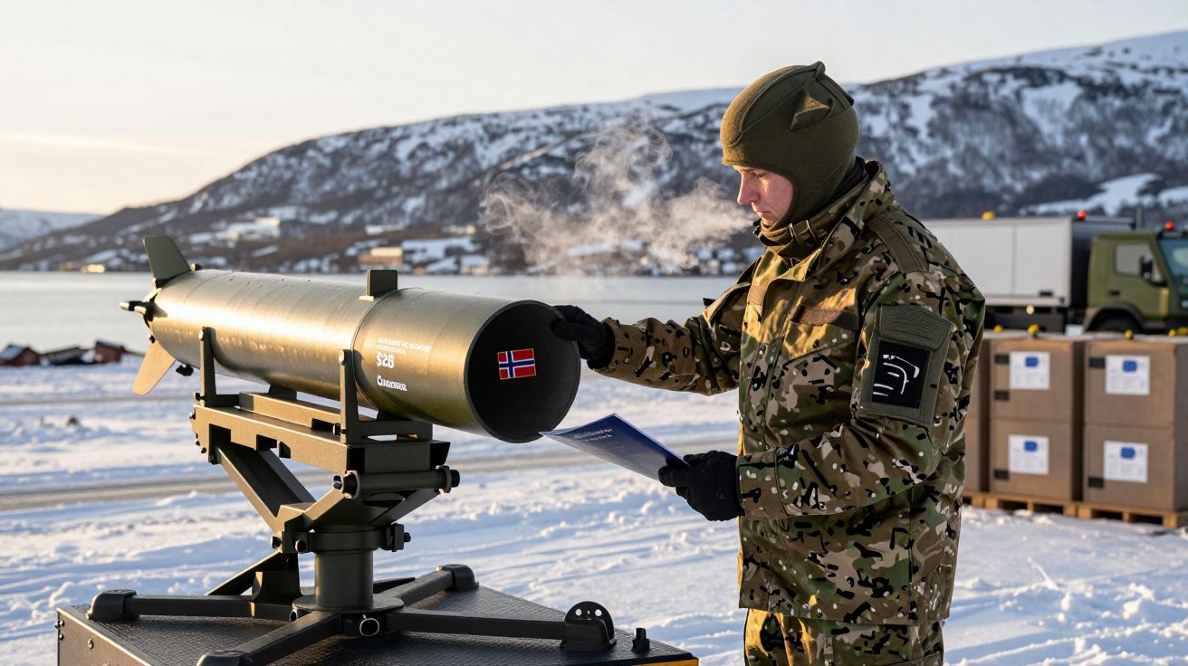 Militar examina equipamento militar em ambiente nevado, ao lado de caixas e um lago ao fundo.