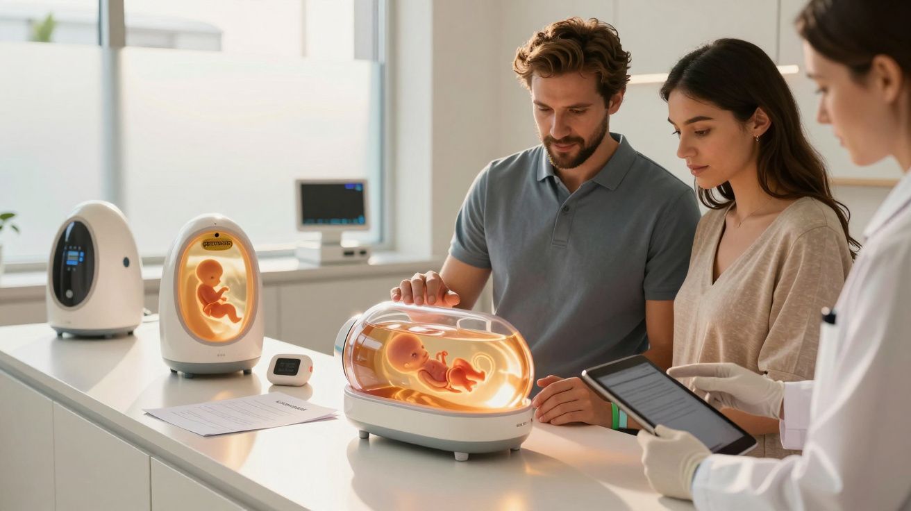 Casal observa berço tecnológico com feto, enquanto profissional de saúde anota em tablet numa clínica moderna.