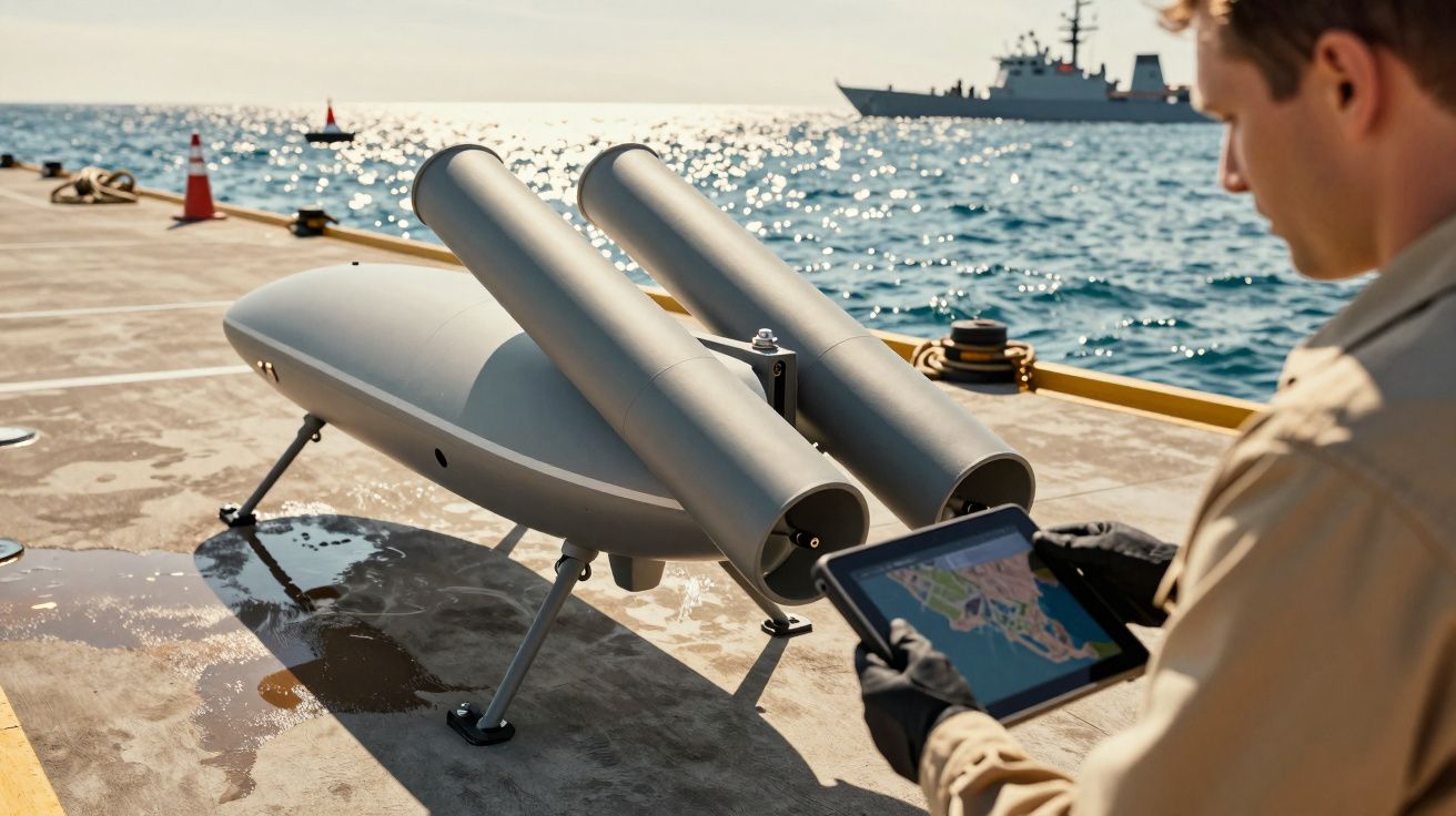 Homem controla drone na doca com tablet, navio militar ao fundo.