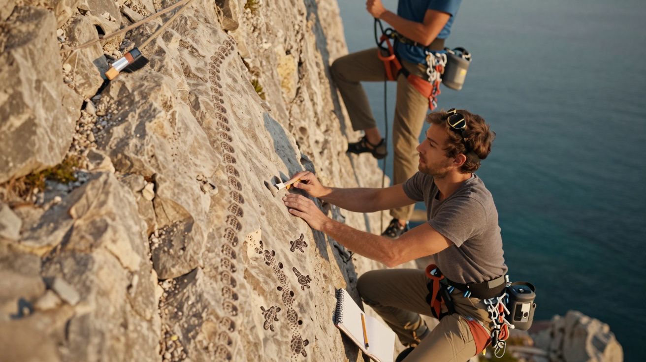 Dois alpinistas estudam fósseis numa encosta rochosa à beira-mar.