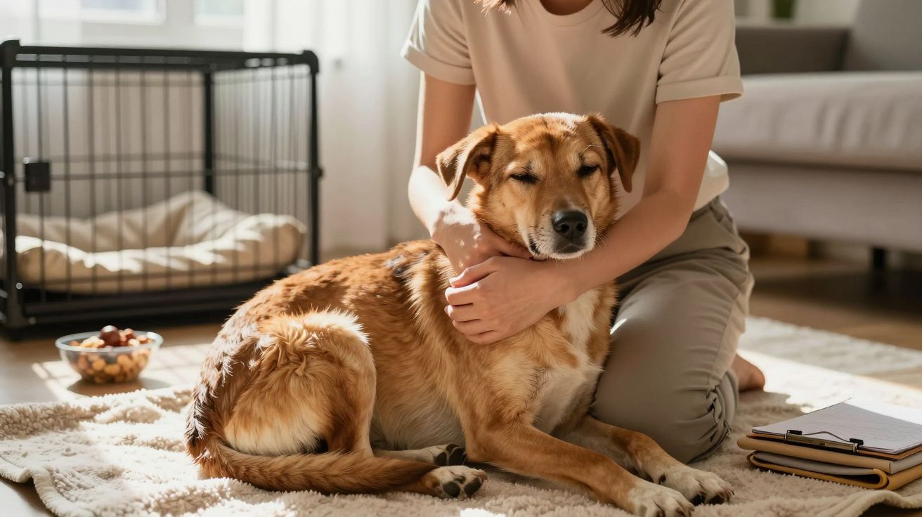 Pessoa a acariciar um cão castanho deitado num tapete, com caixa de transporte ao fundo.
