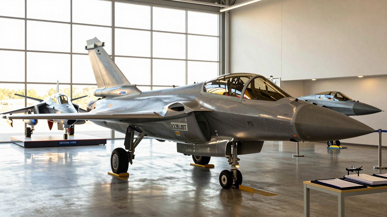 Avião de combate cinza exposto num hangar, luz natural entra da janela grande ao fundo.